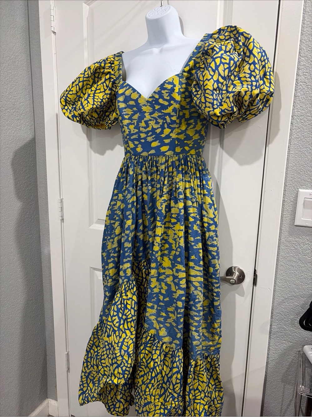 Sika Blue and Yellow Puff-Sleeve Sweetheart Maxi Dress